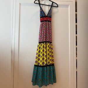 Alice + Olivia Colorful Maxi dress with Black Lace details